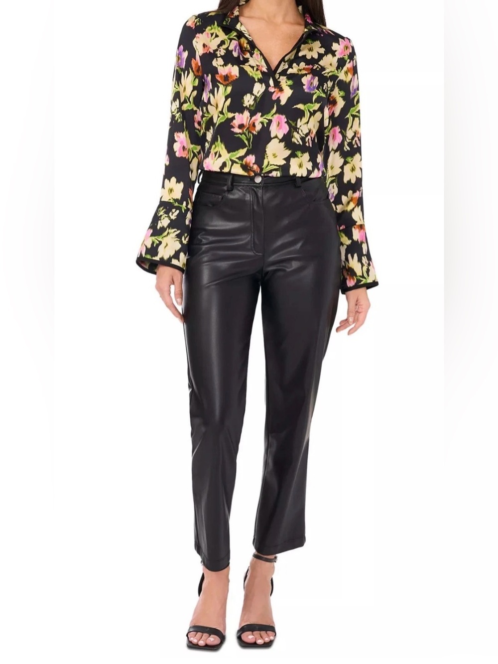 NEW Women's Size L Vince Camuto Paradise Chic Black Floral-Print Blouse $89